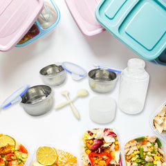 6In1 Tiffin Box-Lunch Box | 3 Stainless Steel Containers | Plastic lid Box | Spoon & Fork /Plastic Bottle | Insulated Fabric Bag | Leak Proof | Microwave Safe for Office, College and School for Men, Women (6 pcs)