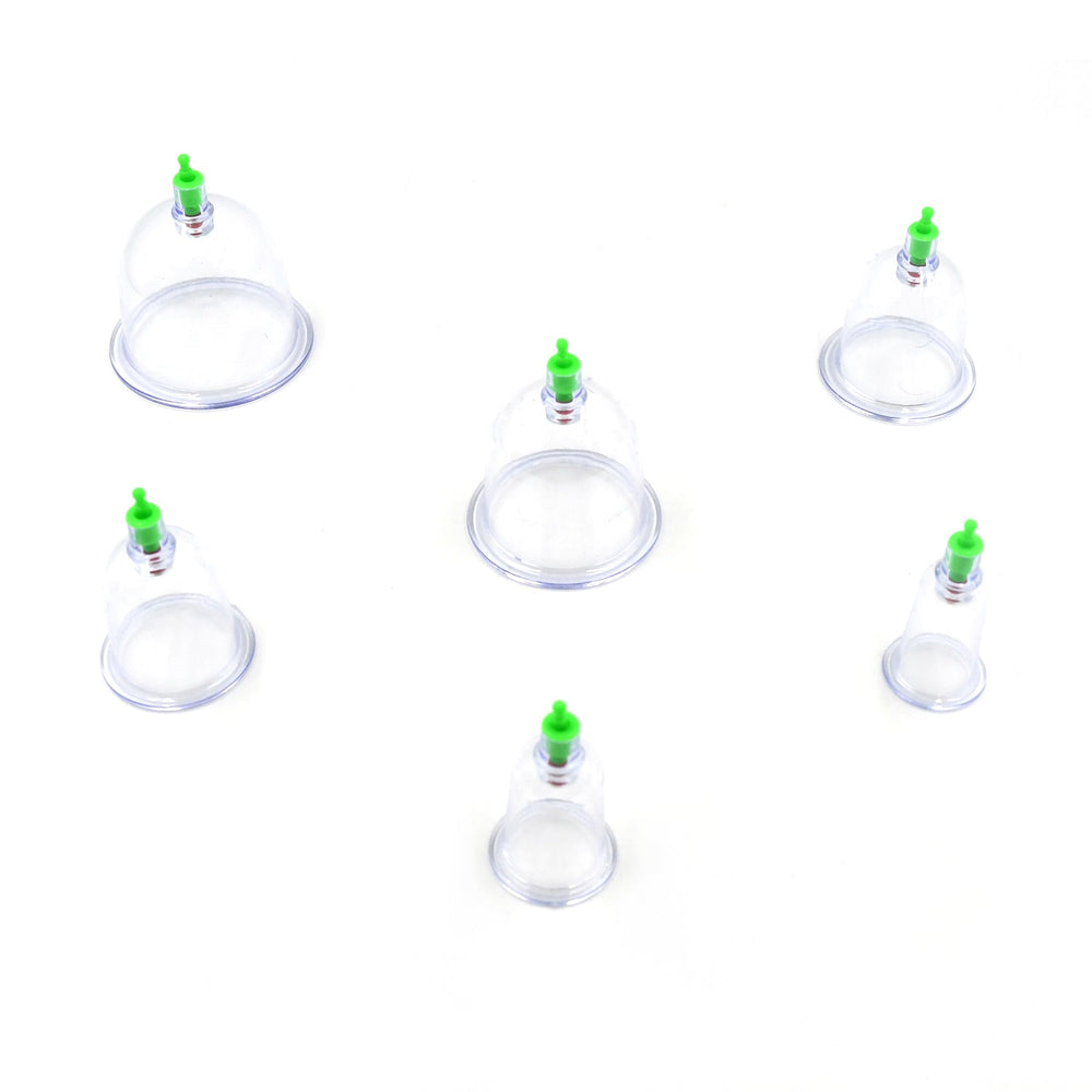 Vacuum cupping set for massage therapy with multiple suction cups.